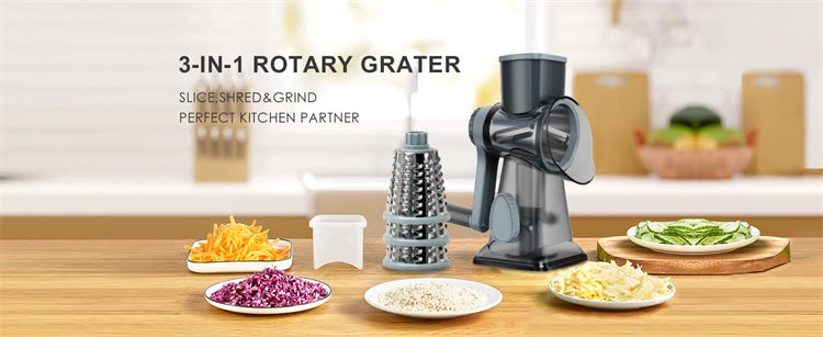 LMETJMA 3-in-1 Vielseitige rotierende Reibe Manueller Gemüseschneider Erdnüsse Nüsse Mühle Käse Gemüsehäcksler Transparent JT242