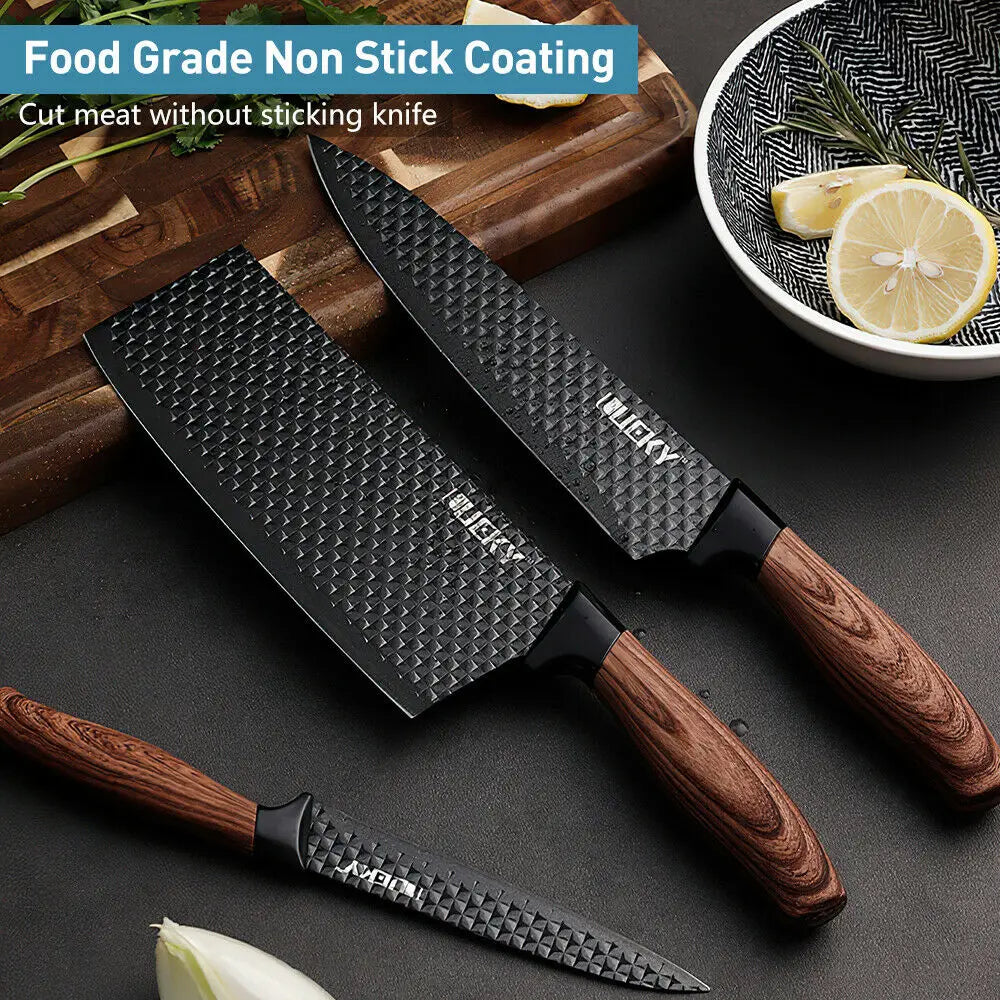 Set di 6 Coltelli da Cucina ZENG con Lame Affilate Antiaderenti, Manico Ergonomico in Legno, Set Completo per Cucinare e Tagliare