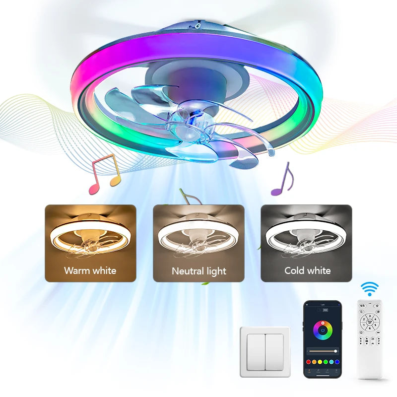 Ventilatore da soffitto a LED intelligente con altoparlante 360 °   Lampadario rotante moderno RGB con telecomando APP, lampadario a 6 velocità per interni domestici
