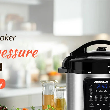 Aigostar Pentola a Pressione Elettrica 18 in 1, Pentola Programmabile da 6 Litri 24 Ore, 3 Pressioni, Pannello LED Multicooker da 1000 W per Yogurt