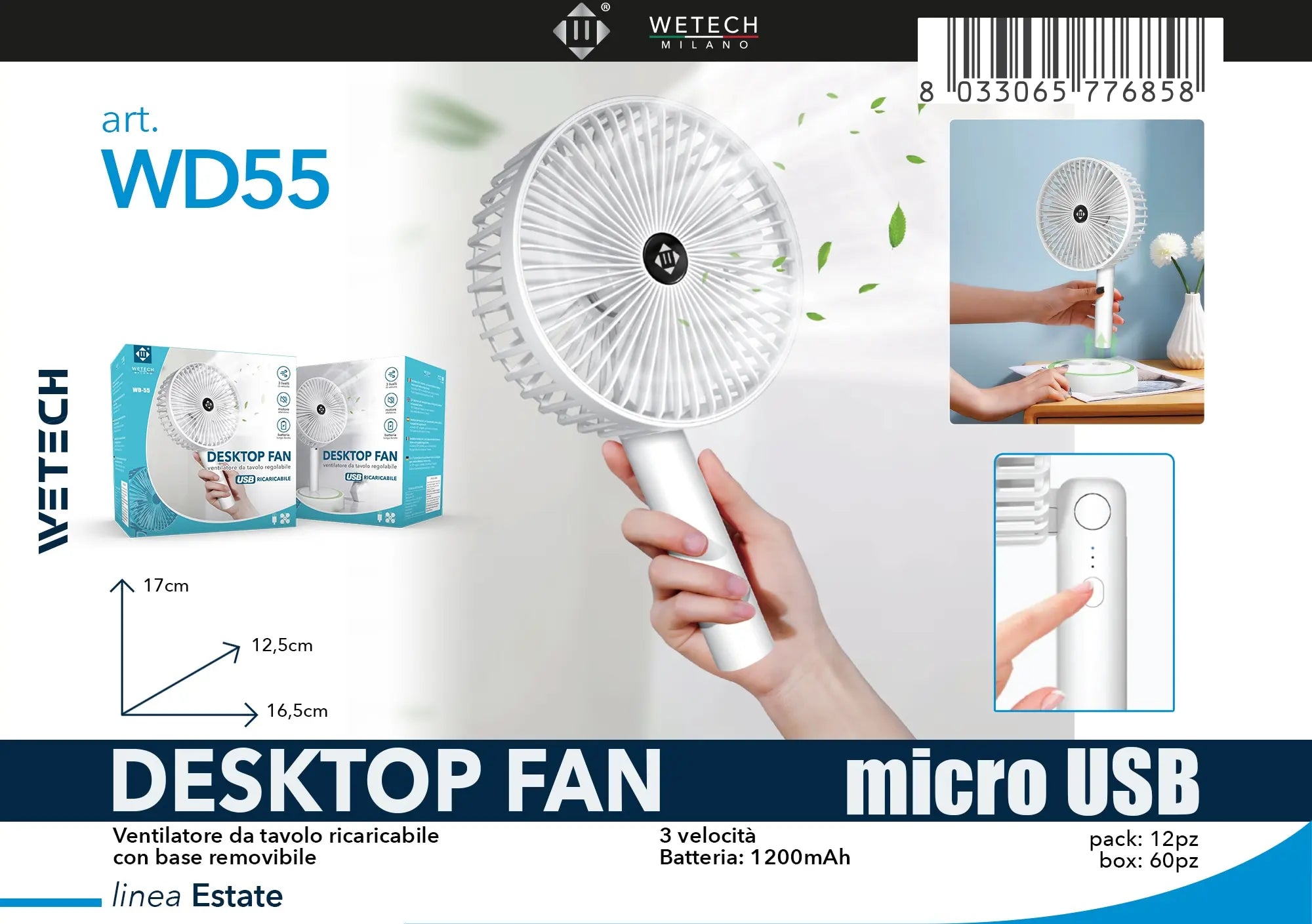 Ventilatore Portatile Mini da 3000mAh, Pieghevole, da Tavolo, da Esterno, da Collo, 5 Velocità, Ricaricabile USB, con Supporto per Telefono e Display