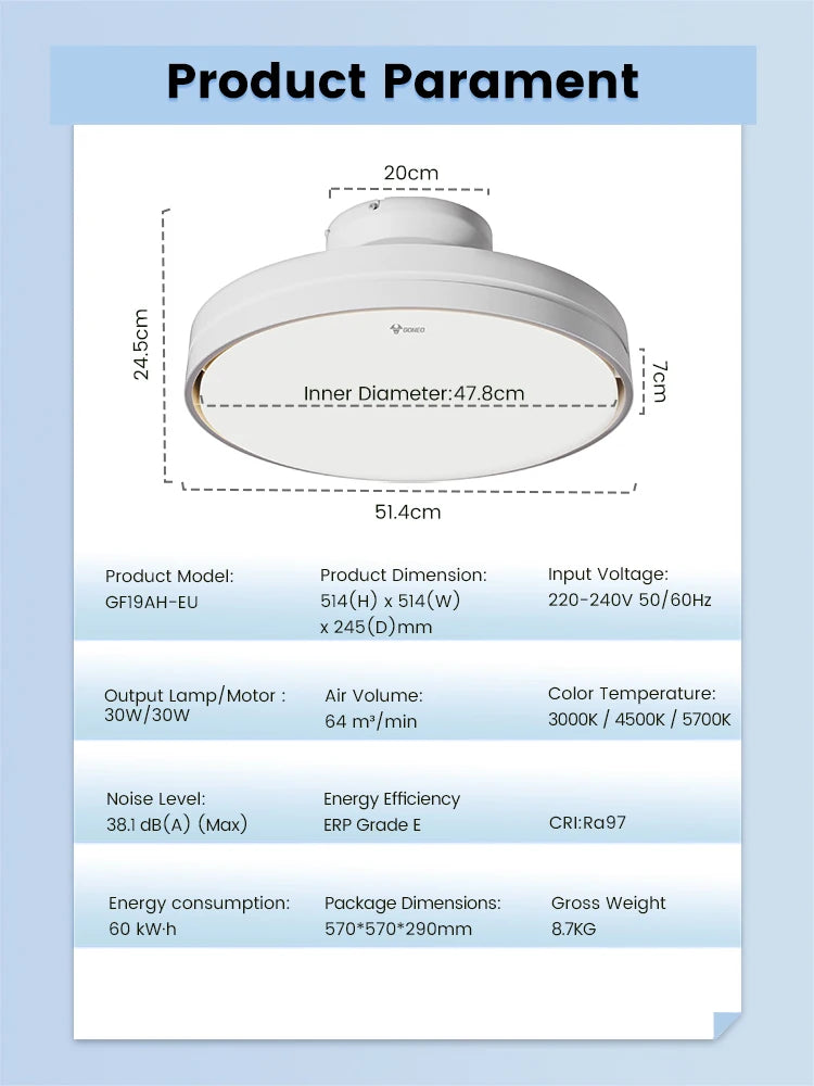 GONEO Ventilatore da soffitto senza lama con luce, LED dimmerabile, motore CC ultra silenzioso a 6 velocità con telecomando per soggiorno camera da letto