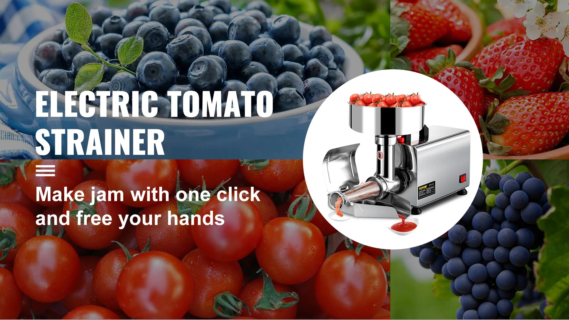 SucceBuy Elektrischer Passierer für Tomaten, 370W, professioneller Tomaten-Entsafter aus Edelstahl, 90-160 kg/h