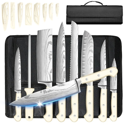 ZENG 8-Piece Carbon Steel Knife Set, White Ergonomic Curved Handle, Dishwasher Safe, Multipurpose for Kitchen and Gifting