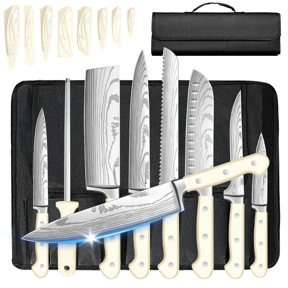 ZENG 8-teiliges Karbonstahl-Messerset, ergonomischer geschwungener weißer Griff, spülmaschinenfest, Mehrzweck-Set für Küche und Geschenke