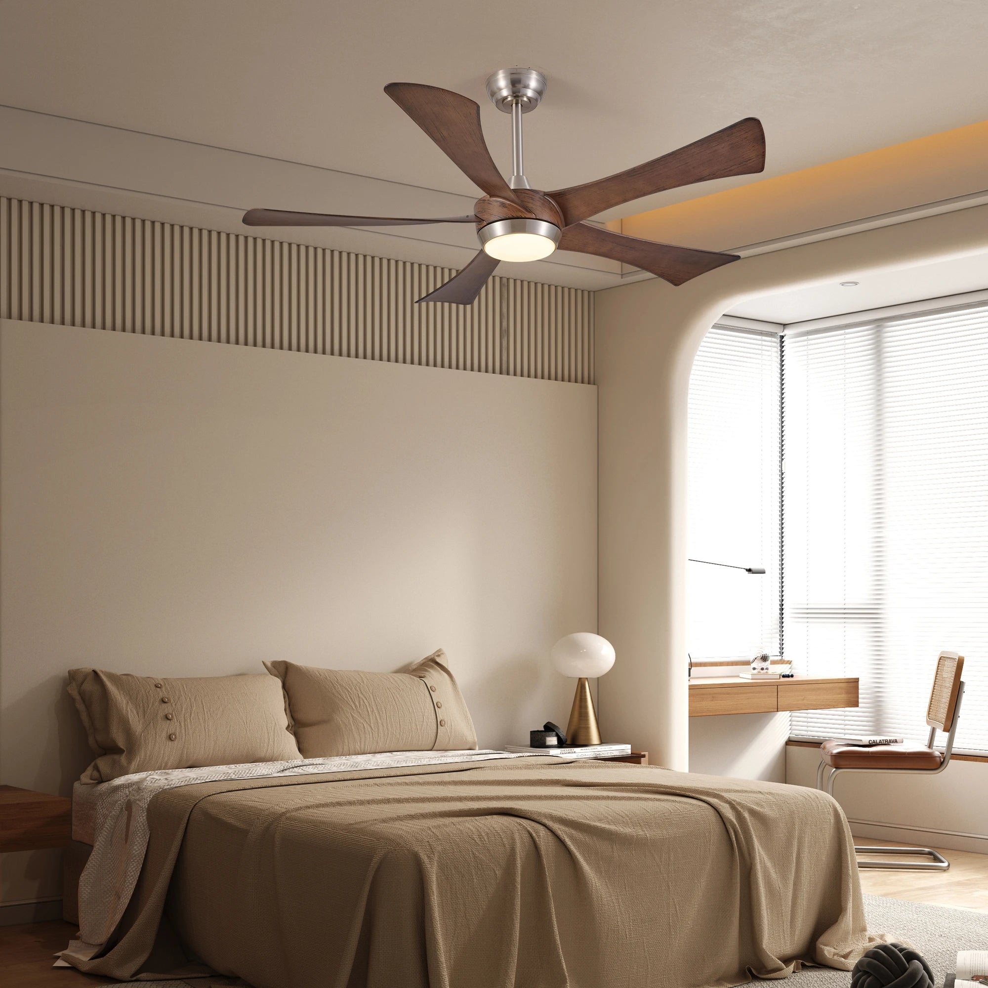 Ventilatore da soffitto reversibile da 52 pollici con luce LED dimmerabile, 5 pale in legno, nichel spazzolato, 3000K-6000K, telecomando, silenzioso per estate e inverno
