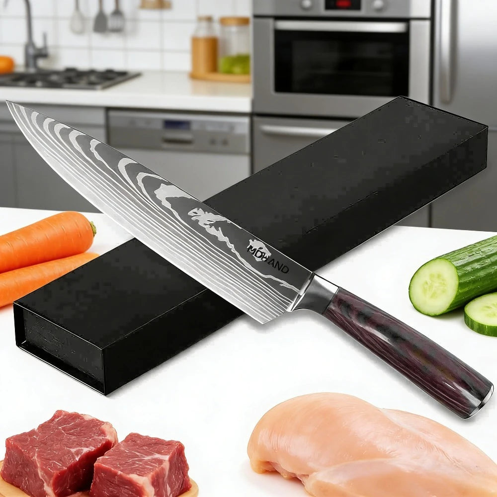 Professionelles 8-Zoll-Kochmesser aus 7CR17-Stahl mit Laser-Damastmuster, Pakkaholzgriff, Küchenmesser mit Scheide und Geschenkverpackung