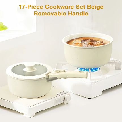 MDHAND 17 pezzi Set di pentole e padelle beige Set di pentole antiaderenti Manico rimovibile con padelle e pentole Set di pentole da cucina