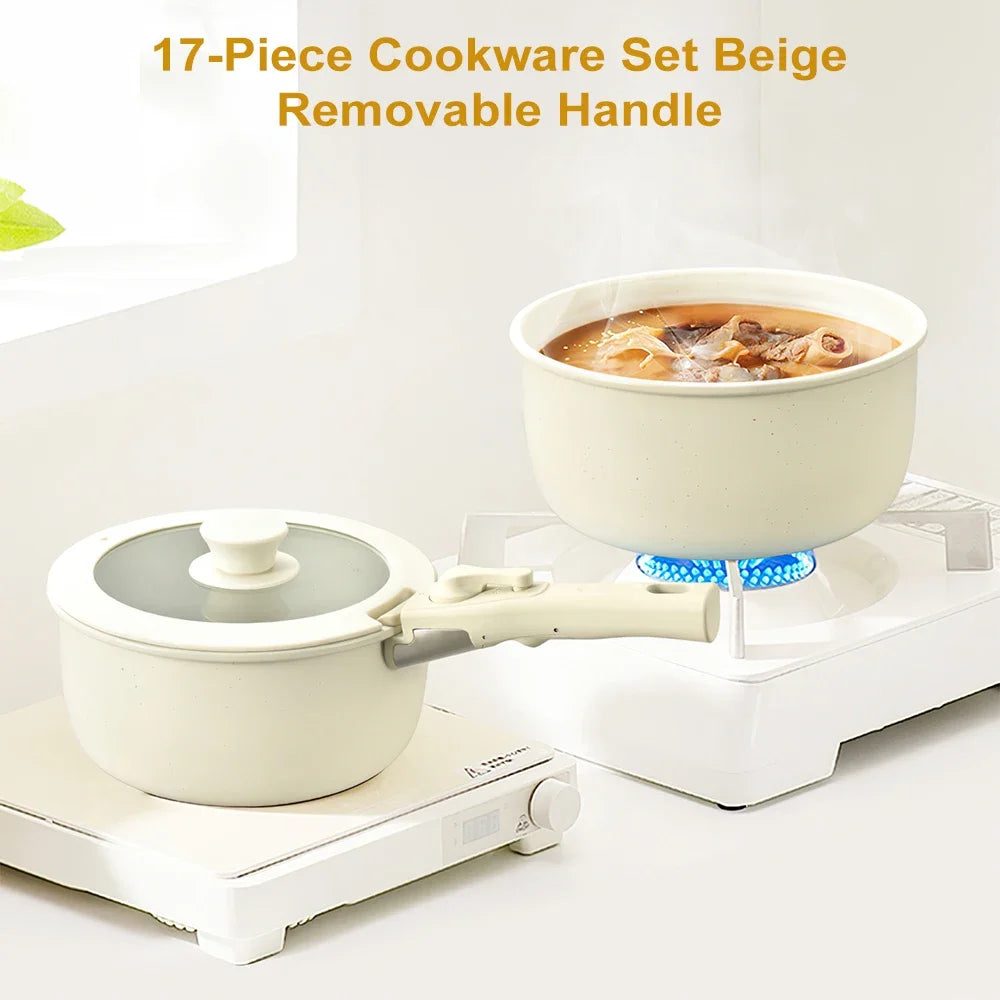 MDHAND 17 pezzi Set di pentole e padelle beige Set di pentole antiaderenti Manico rimovibile con padelle e padelle Set di pentole da cucina