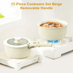 MDHAND 17 pezzi Set di pentole e padelle beige Set di pentole antiaderenti Manico rimovibile con padelle e padelle Set di pentole da cucina