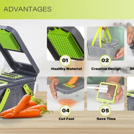 Tritaverdure multifunzione 22 in 1, mandolina, affettatrice, tritatutto per cipolle, grattugia per alimenti con cestello di scolo e contenitore, accessori da cucina