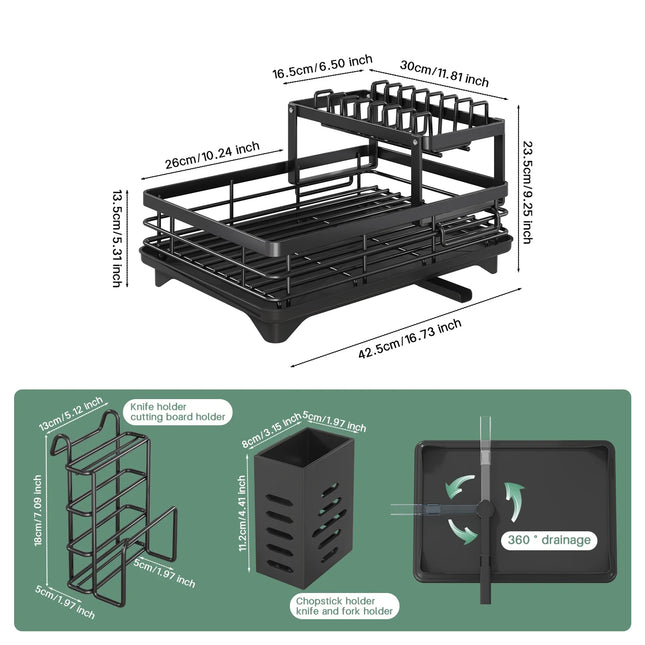 Two-tier dish drainer for kitchen counter, metal, with knife holder, plate holder and drip tray, for glasses.