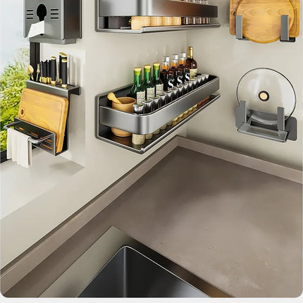 Luxury Light Kitchen Storage Rack, Carbon Steel Spice Rack, No Drilling Wall Mounted Home Wall Shelf Organizer