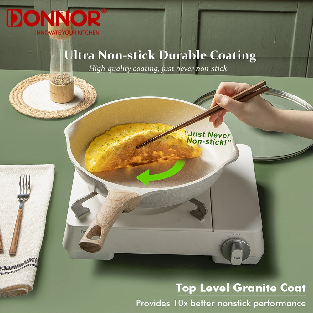 DONNOR Padella con coperchio Padella antiaderente a induzione Padella per uova in granito Padelle per frittata con manico resistente al calore JT280