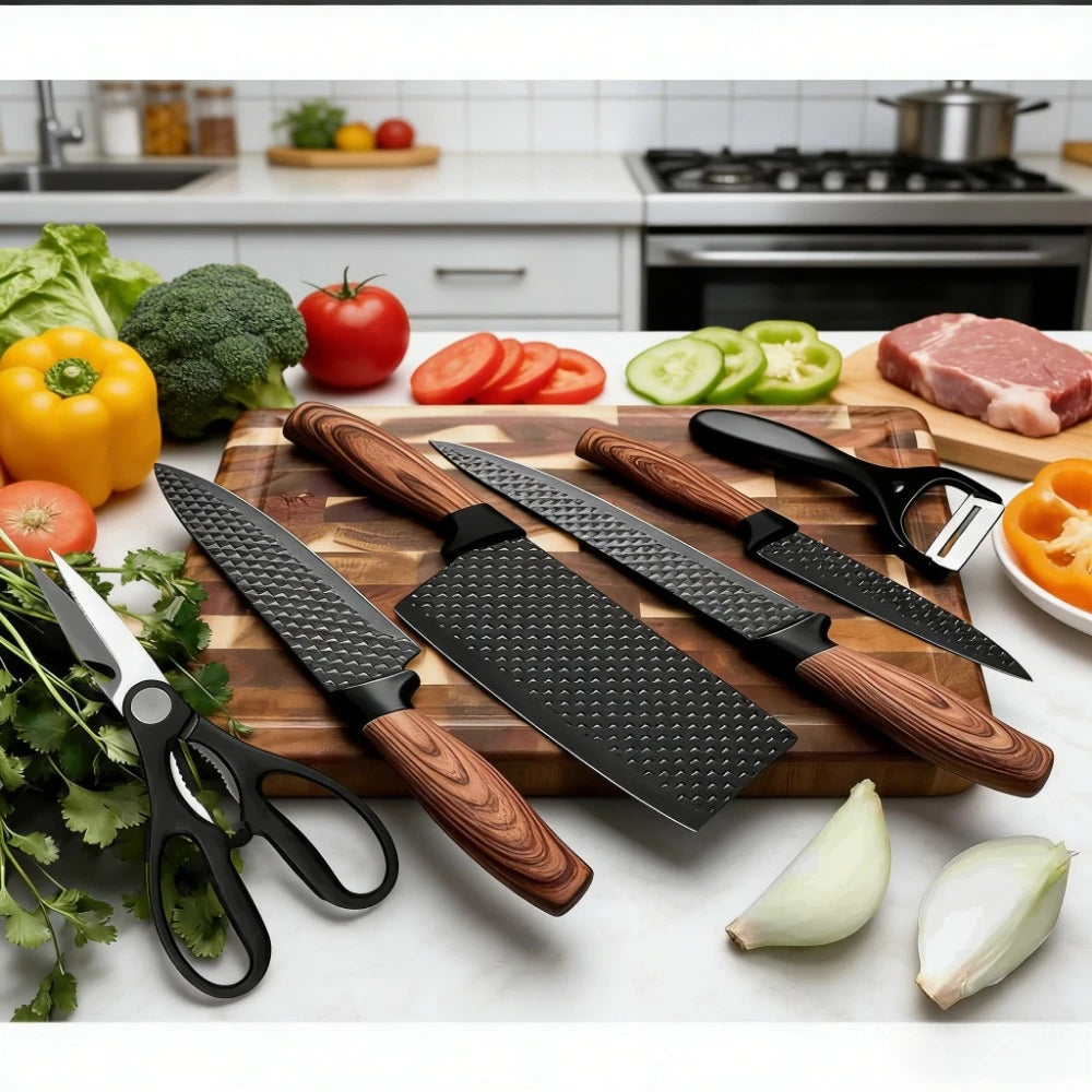 Set di 6 Coltelli da Cucina ZENG con Lame Affilate Antiaderenti, Manico Ergonomico in Legno, Set Completo per Cucinare e Tagliare