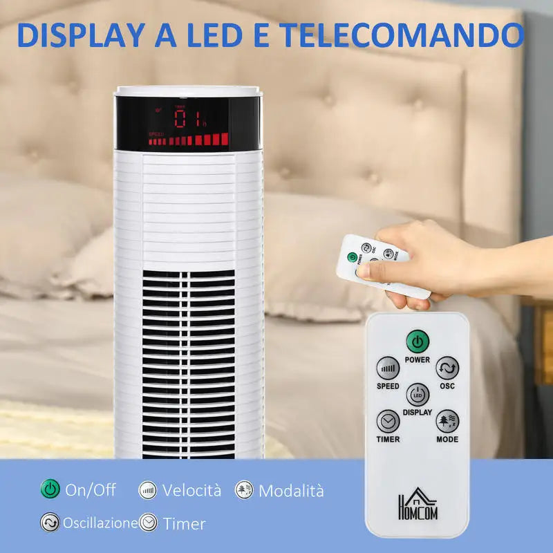 Ventilatore a colonna bianco con 3 velocità e 4 modalità di ventilazione, timer programmabile 12 ore, pannello di controllo LED e telecomando, oscillazione automatica per raffreddare uniformemente casa e ufficio 31,5 x 31,5
