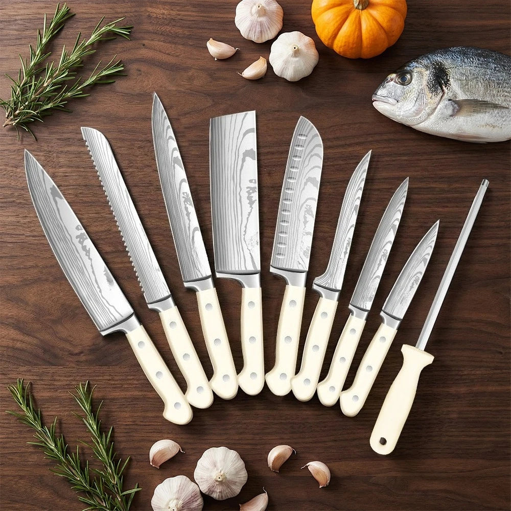 ZENG 8-teiliges Karbonstahl-Messerset, ergonomischer geschwungener weißer Griff, spülmaschinenfest, Mehrzweck-Set für Küche und Geschenke