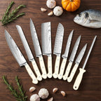 ZENG 8-teiliges Karbonstahl-Messerset, ergonomischer geschwungener weißer Griff, spülmaschinenfest, Mehrzweck-Set für Küche und Geschenke