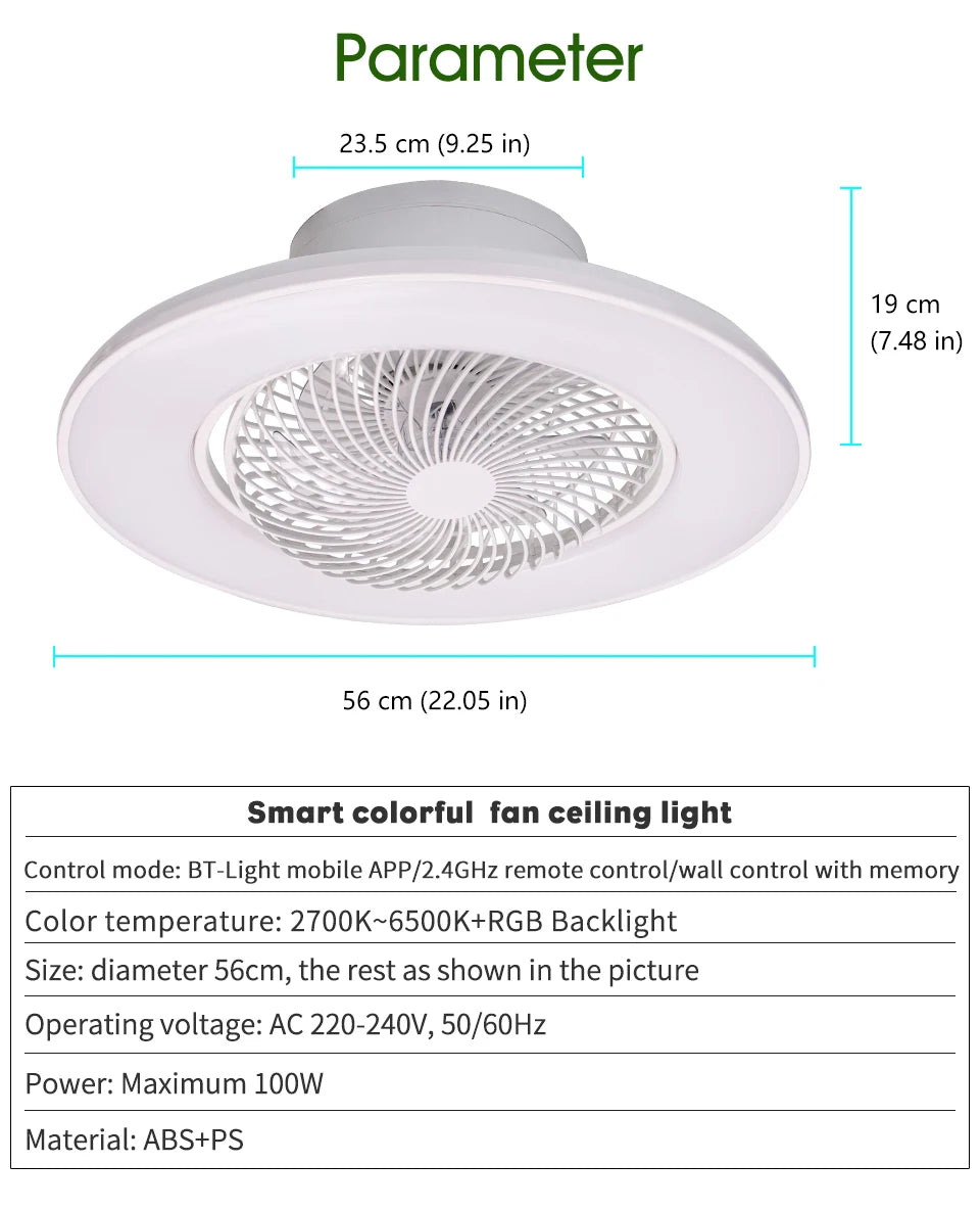 Ventilatore da soffitto da 100W con luce, controllo remoto tramite APP, lampada a LED dimmerabile a 360° °   Luce di sfondo RGB silenziosa girevole a 6 velocità per la casa