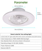 Ventilatore da soffitto da 100W con luce, controllo remoto tramite APP, lampada a LED dimmerabile a 360° °   Luce di sfondo RGB silenziosa girevole a 6 velocità per la casa