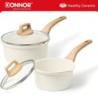 DONNOR 2.5Qt Pentola per Salsa con Coperchio Pentola in Granito Antiaderente per Tutti i Stufa Salsa Pentola per Zuppa Padella per Latte con Beccucci per Versare JT281