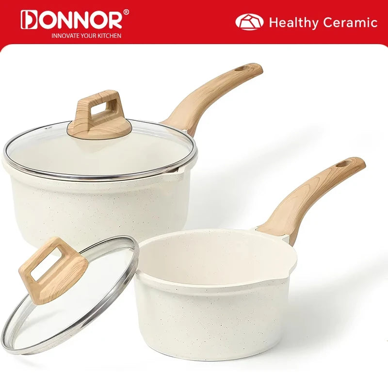 DONNOR 2.5Qt Pentola per Salsa con Coperchio Pentola in Granito Antiaderente per Tutti i Stufa Salsa Pentola per Zuppa Padella per Latte con Beccucci per Versare JT281