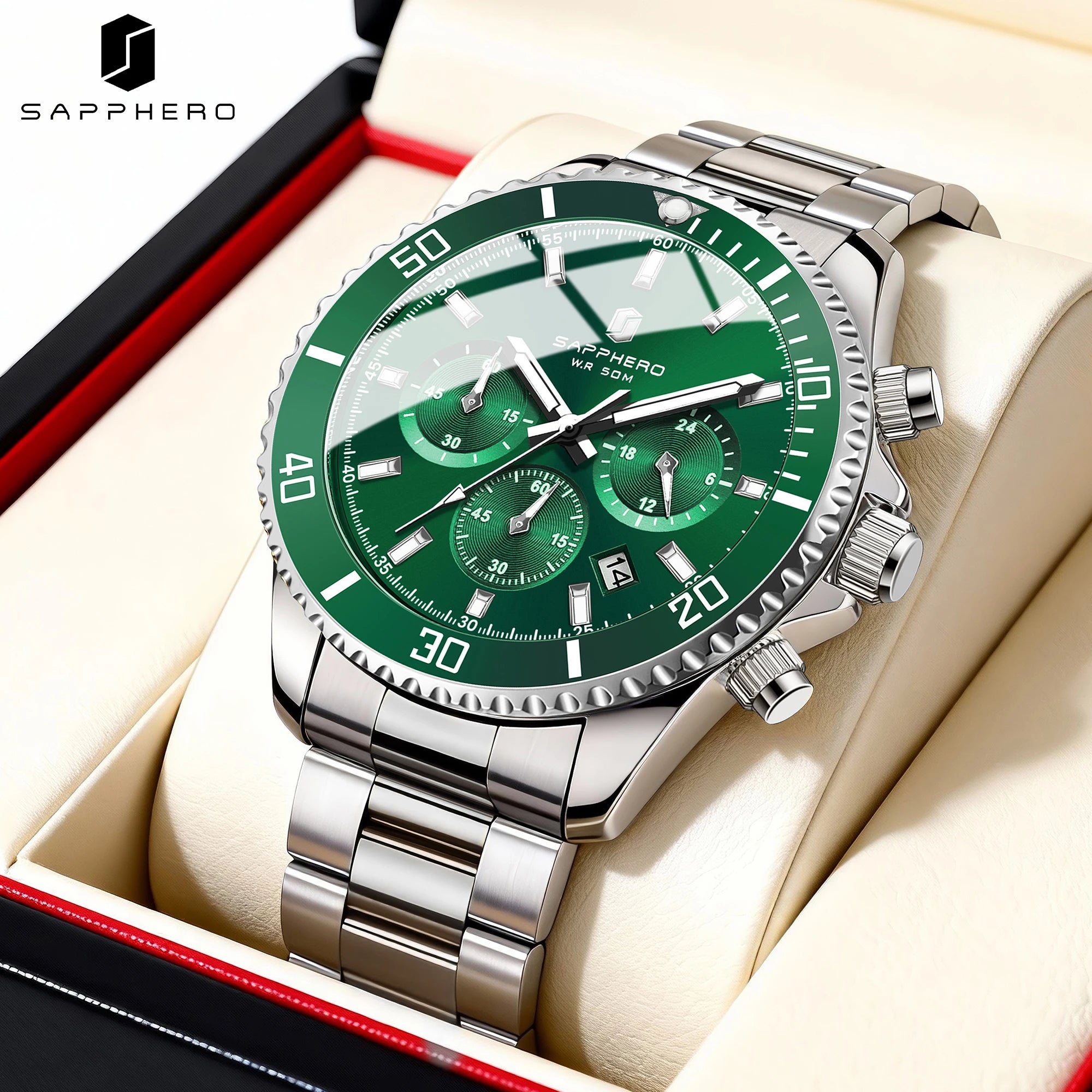 SAPPHERO Orologio da Polso Quarzo Uomo Acciaio Inossidabile Impermeabile 50M Cronografo