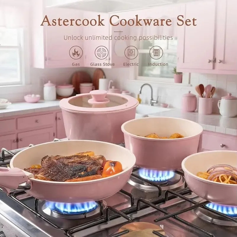Set di Pentole di Lusso in Alluminio con Rivestimento Antiaderente in Granito, Elegante Set di Pentole in Ceramica Rosa