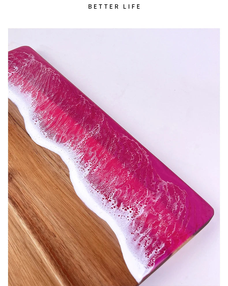 Schneidebrett aus Akazienholz mit gewelltem Harz in rosa Farbe, Challah-Schneidebrett für die Küche, Essenszubereitung, Serviertablett, Käseschneidebrett aus Holz