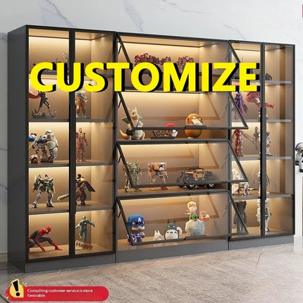 Customizable Display Case with Tempered Glass Door, LED Light, Large Capacity, Multiple Compartments, Aluminum Frame, Eco-Friendly