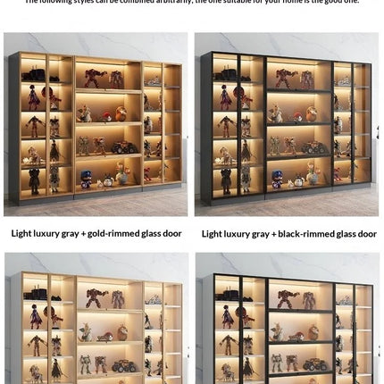 Customizable Display Case with Tempered Glass Door, LED Light, Large Capacity, Multiple Compartments, Aluminum Frame, Eco-Friendly