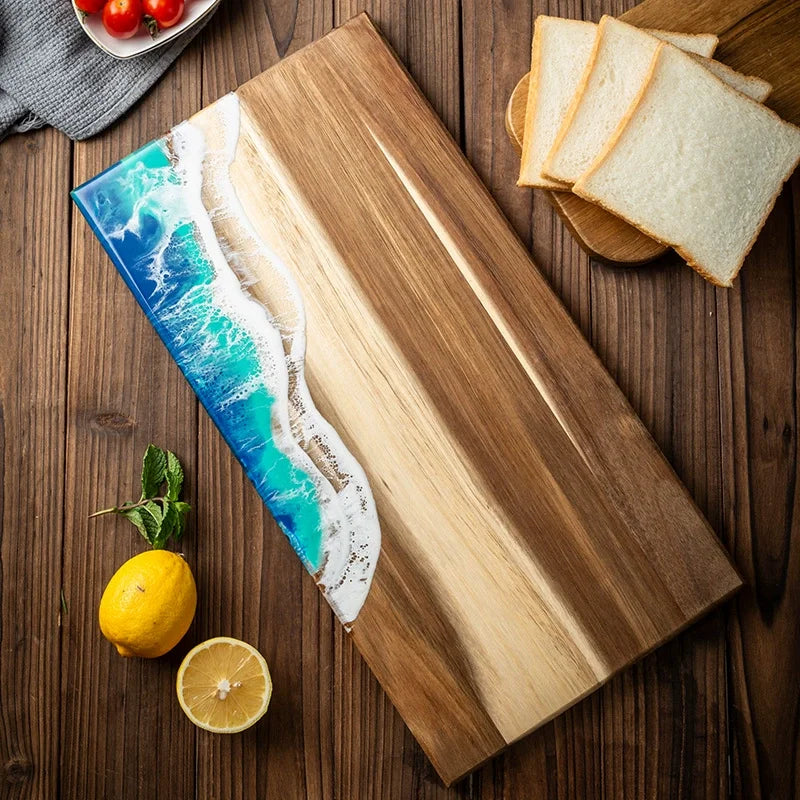 Akazienholz-Schneidebrett mit Epoxidharz im Ozeanwellen-Design, für Küchenzubereitungen und Käseplatten, für Wurstwaren, Challah-Schneidebrett