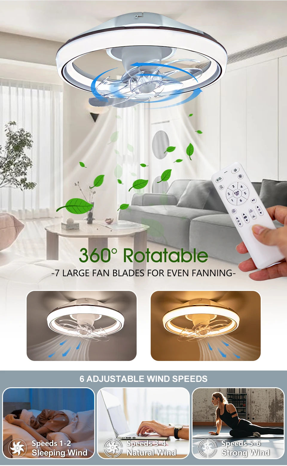 Ventilatore da soffitto a LED intelligente con altoparlante 360 °   Lampadario rotante moderno RGB con telecomando APP, lampadario a 6 velocità per interni domestici