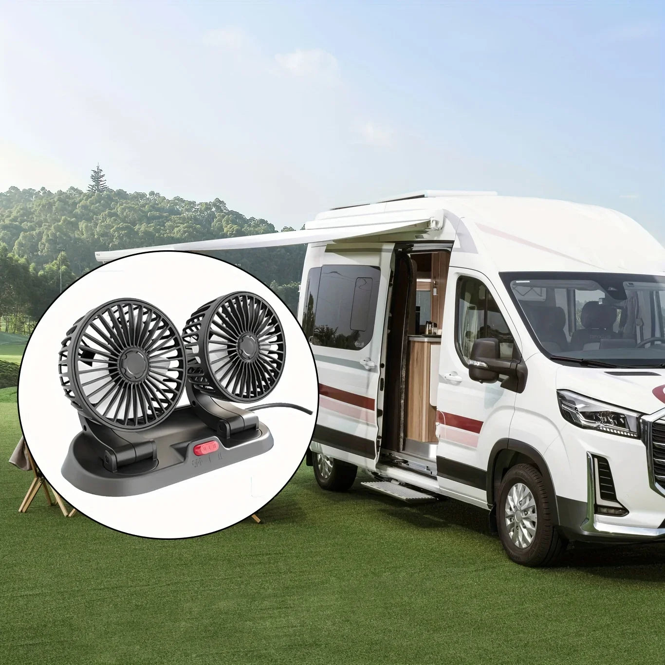 Ventola di Raffreddamento Elettrica per Auto 5V 12V 360° °   Ventilatore USB Multifunzione a Doppia Testa Regolabile, 2 Velocità, per Auto, Casa e Campeggio