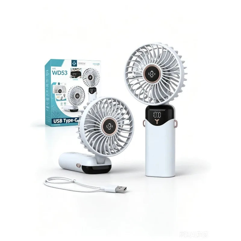Tragbarer Mini-Ventilator, 3000mAh, faltbar, Tisch-, Outdoor-, Nacken-Ventilator, 5 Geschwindigkeiten, USB wiederaufladbar, mit Telefonhalter und Display