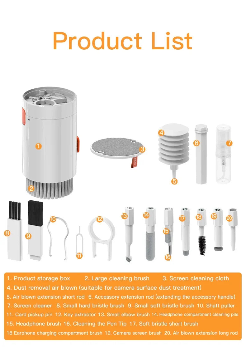 20 in 1 Set di strumenti per la pulizia della tastiera del computer portatile Cuffie per fotocamera digitale Kit per la pulizia del telefono cellulare Auricolari Penna per la pulizia Estrattore per copritasti