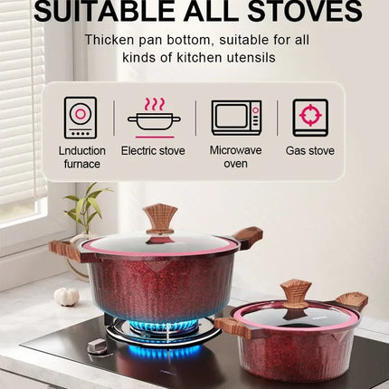 DONNOR Set di pentole da 6/15 pezzi, pentola per zuppa antiaderente, pentola per stufato con coperchio in vetro, pentole con rivestimento sano in granito per fornelli da cucina universali
