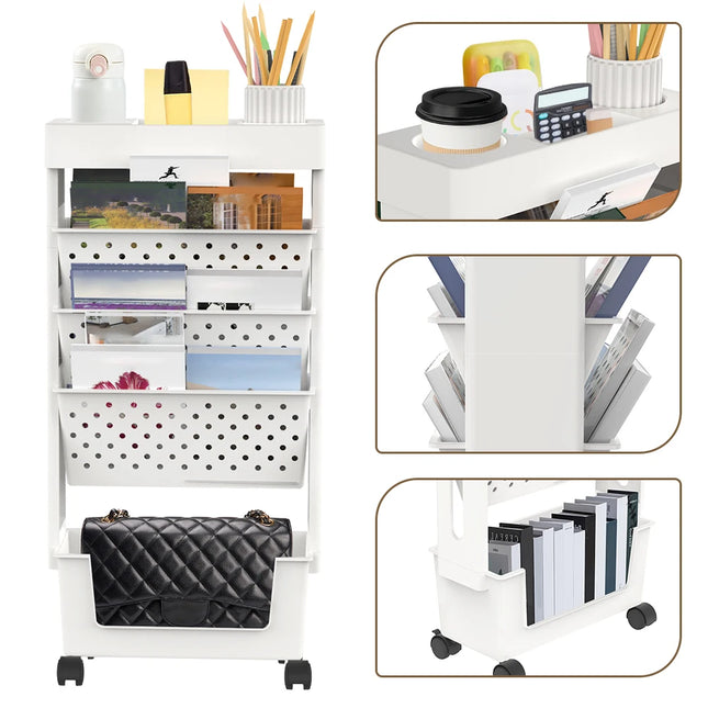Mobile Rolling Bookshelf with Lockable Wheels - Heavy-Duty Bookcase on Wheels, Removable Organizer with Cup Holder for Home Office Use