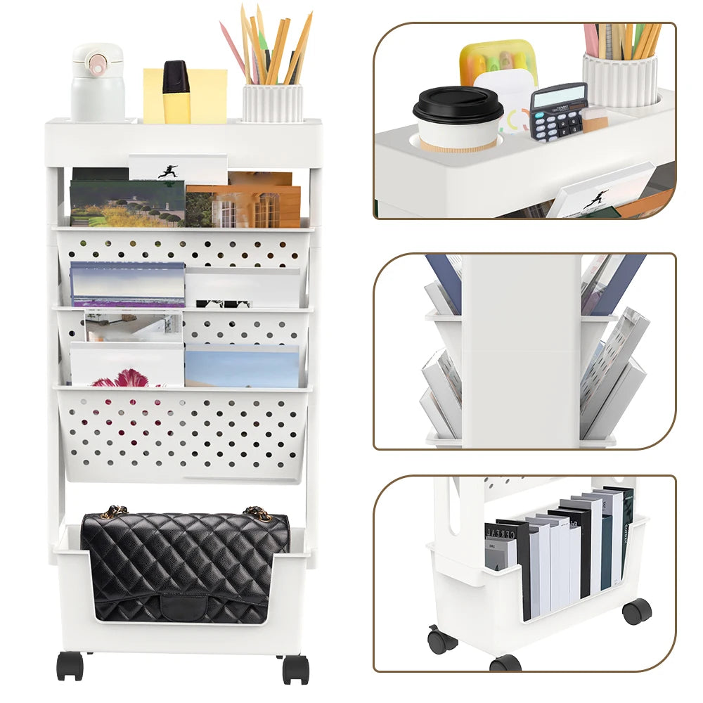 Mobile Bücherablage mit feststellbaren Rollen – Robuster Bücherregalwagen, herausnehmbarer Organizer mit Becherhalter für Zuhause und Büro