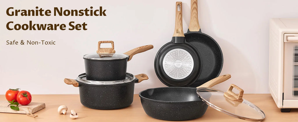 Set di padelle per piano cottura a induzione 10 pezzi, set di pentole e padelle antiaderenti, set di pentole da cucina con coperchi, granito, senza PFAS