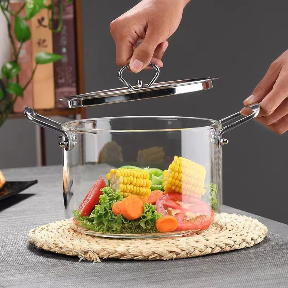 Glas-Kochtopf mit Deckel und doppelten Edelstahlgriffen, hitzebeständig, zum Kochen von Milch und Nudeln
