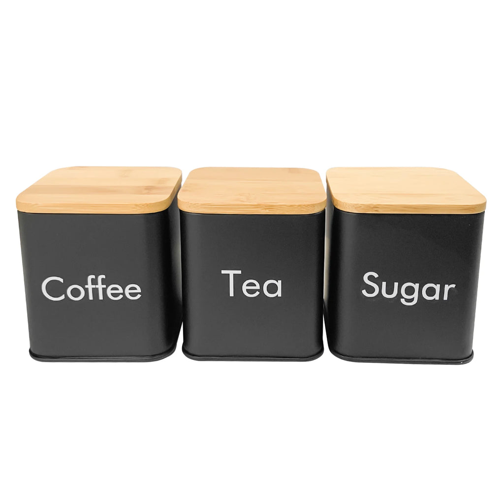 Set di Contenitori Ermetici in Metallo per Caffè, Tè e Zucchero con Coperchi in Bambù, 3 Barattoli per Piano di Lavoro