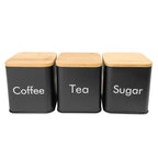 Set di Contenitori Ermetici in Metallo per Caffè, Tè e Zucchero con Coperchi in Bambù, 3 Barattoli per Piano di Lavoro