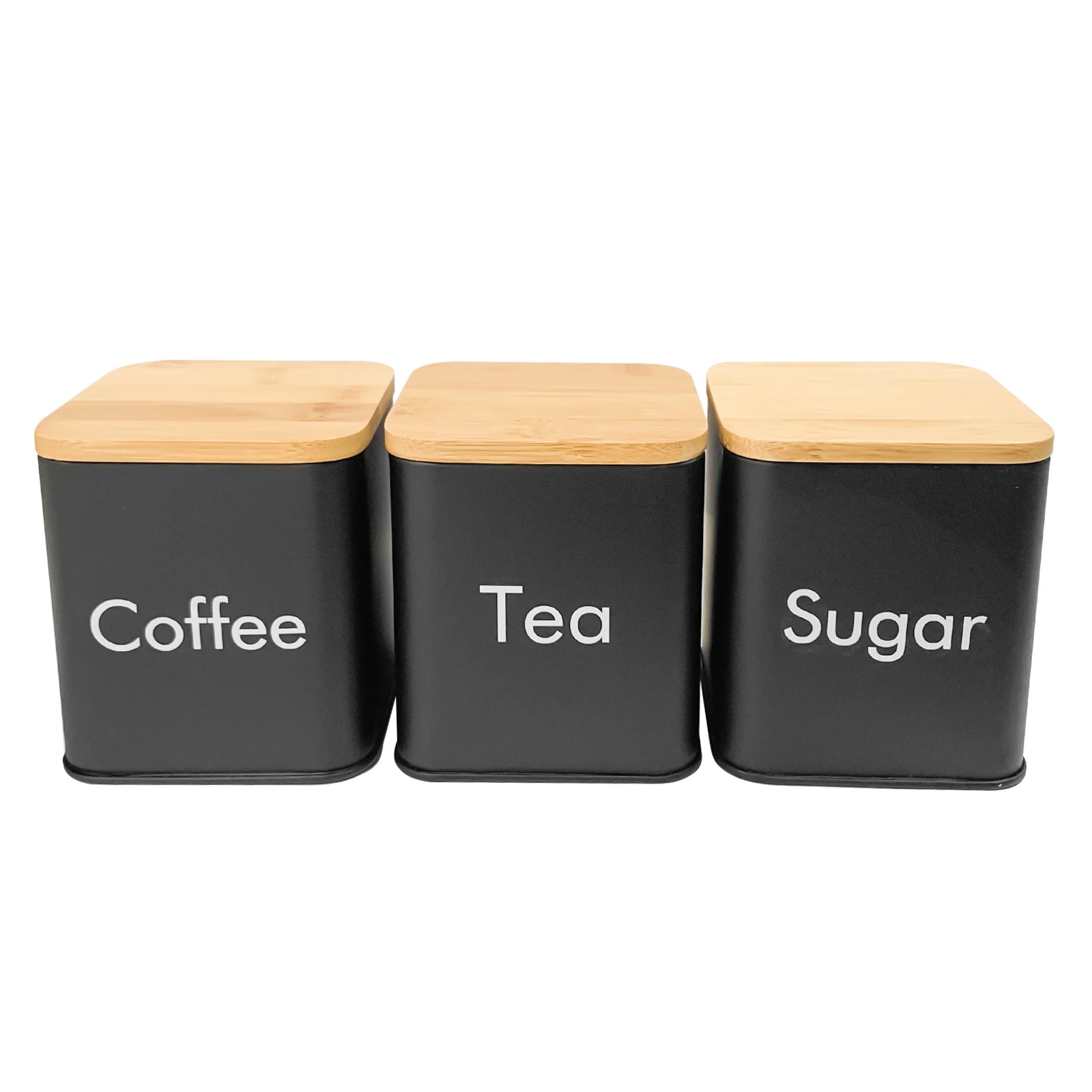 Set di Contenitori Ermetici in Metallo per Caffè, Tè e Zucchero con Coperchi in Bambù, 3 Barattoli per Piano di Lavoro