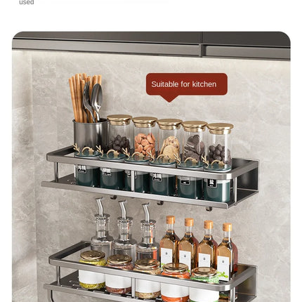 Scaffale contenitore multifunzionale da cucina di lusso leggero, portaspezie da parete senza foratura, mensola da parete in acciaio inossidabile
