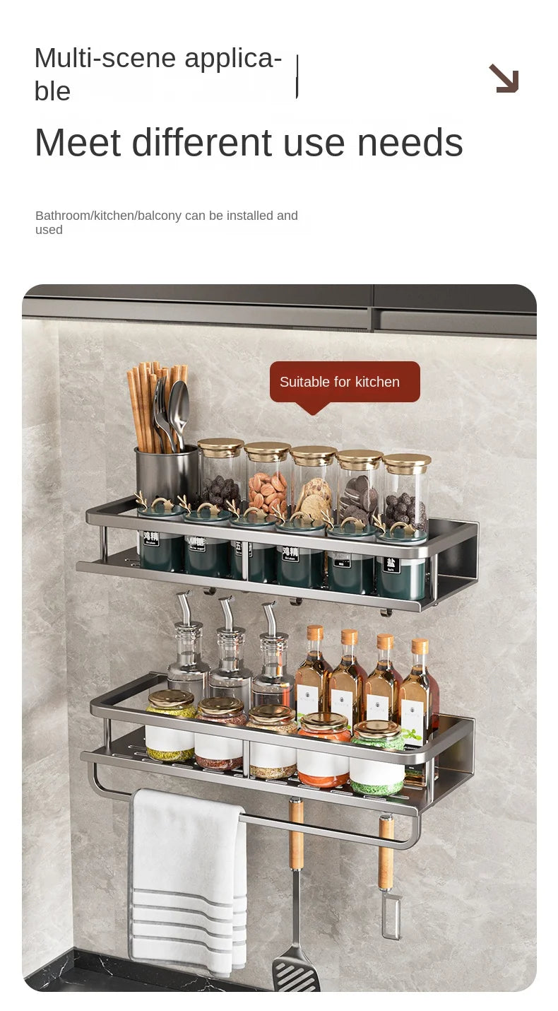 Scaffale di stoccaggio multifunzionale da cucina di lusso leggero, portaspezie a parete, condimento senza fori, portaoggetti da parete in acciaio inossidabile