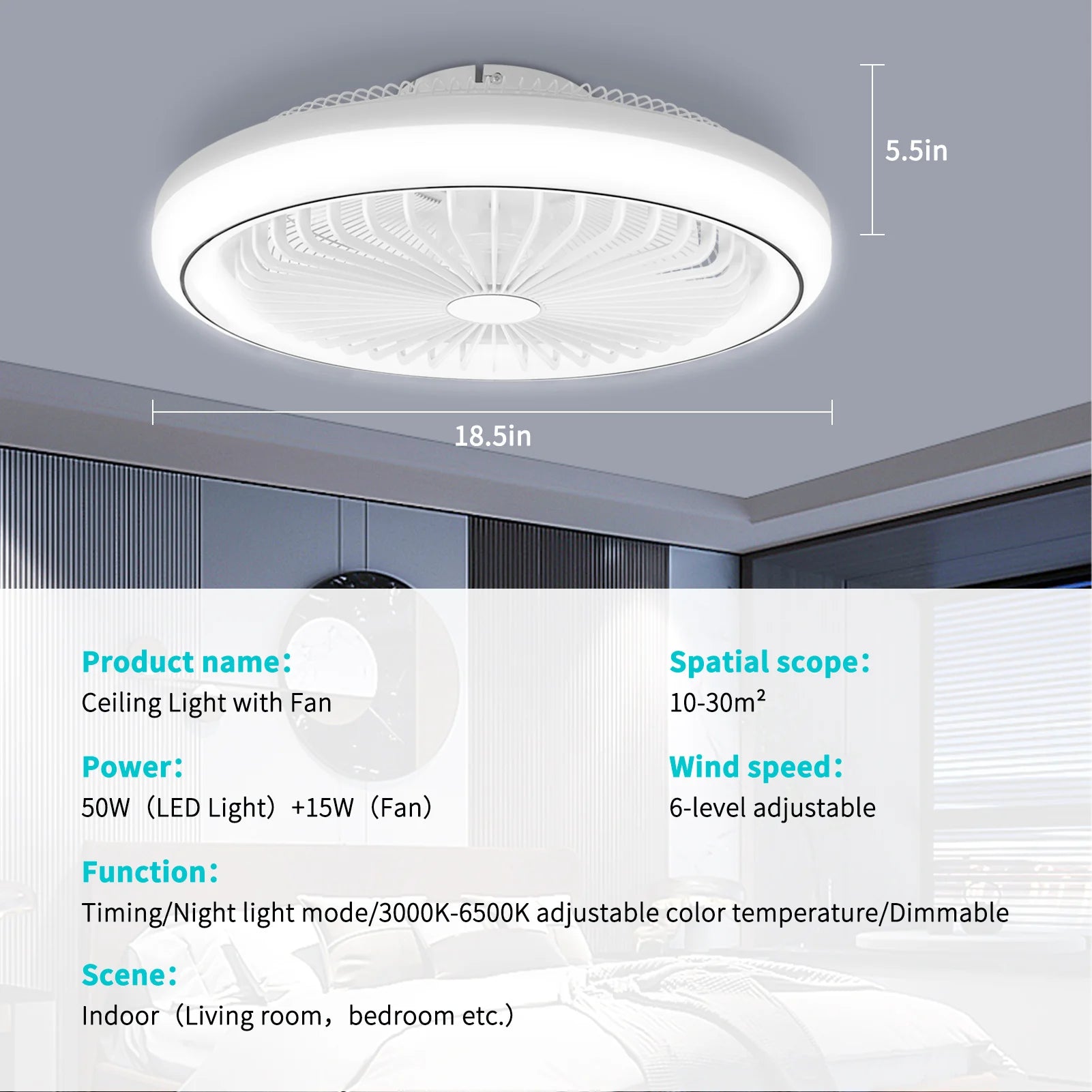 Ventilatore da soffitto con luce LED, telecomando, dimmerabile, 220V, bianco