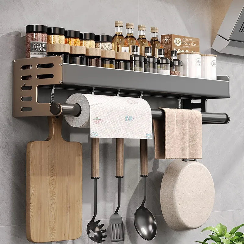 Scaffale da Cucina Color Canna di Fucile - Organizzatore Multifunzionale in Alluminio Senza Foratura per Spezie e Coltelli