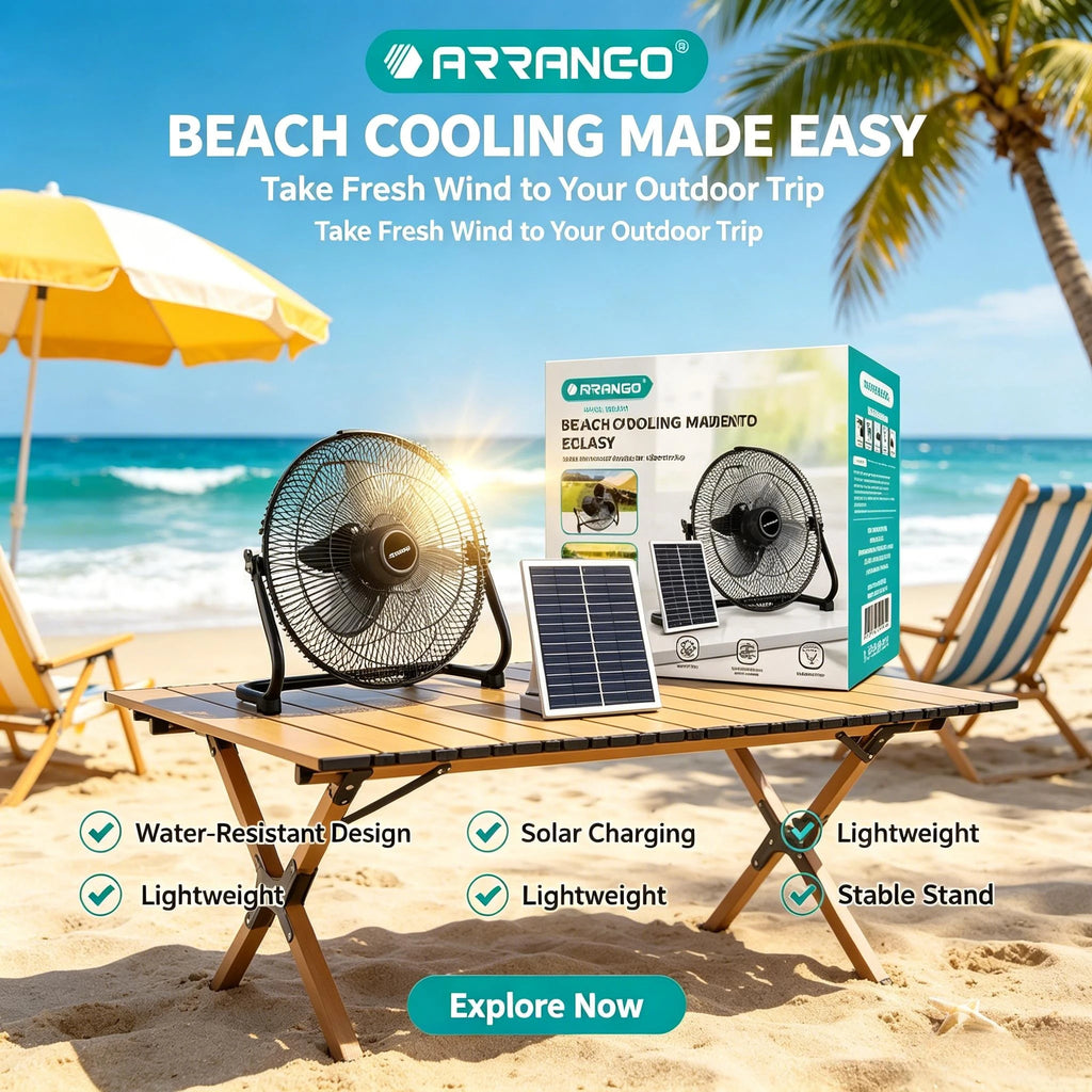 Arrango Solar-Standventilator, groß, wiederaufladbar, leise, 3 Geschwindigkeiten, tragbar, mit Solarpanel, für Camping, Zelt, Outdoor, Notfall, Hausbelüftung