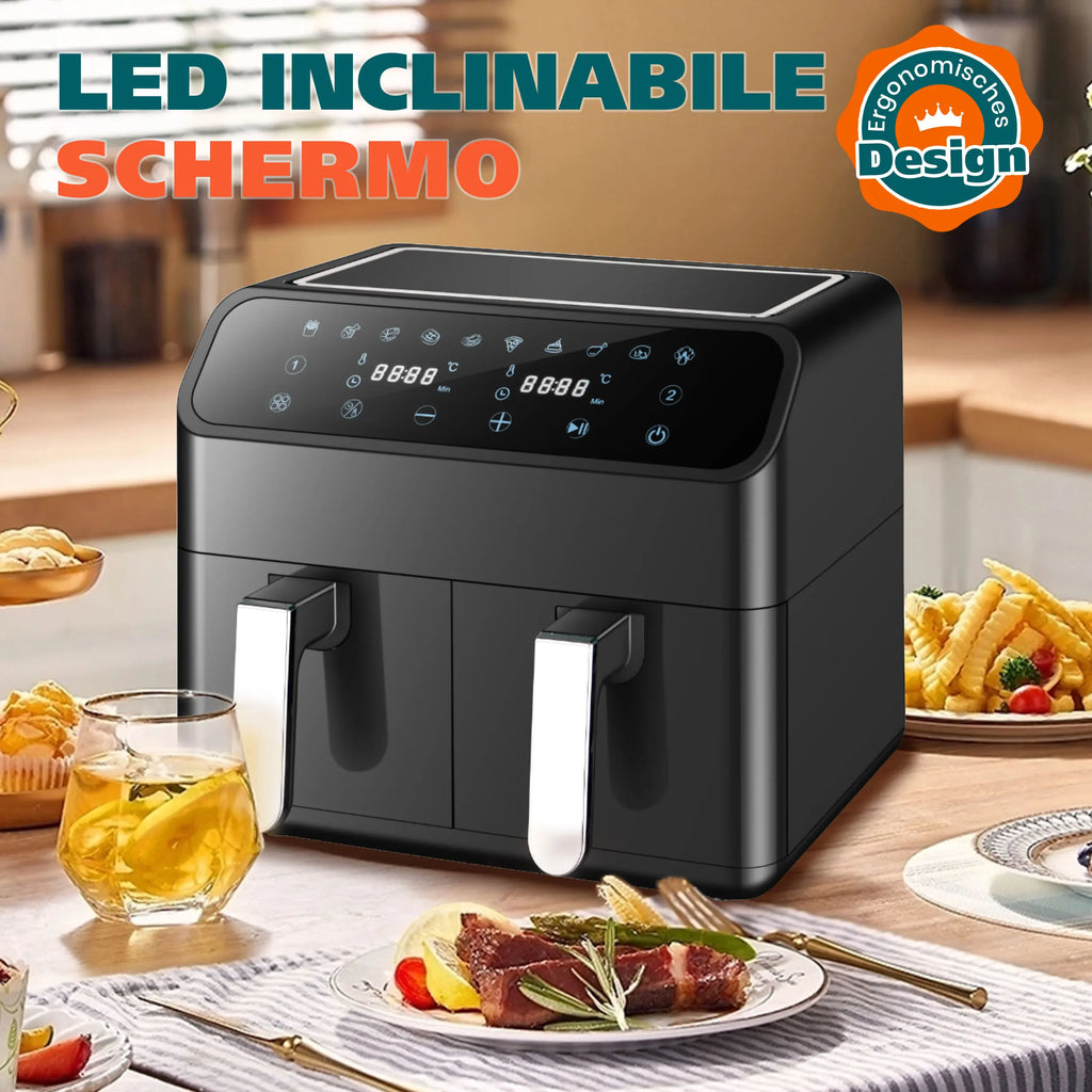 Sinaopus Friggitrice ad aria calda 2000W 9L XXL con doppio scomparto, timer, touchscreen LED, forno elettrico senza olio, formato famiglia